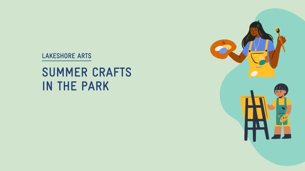 Banner that says Summer Crafts in the Park, with an illustration of a woman painting and a child with an easel