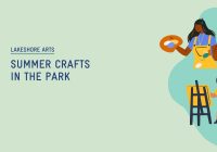 Banner that says Summer Crafts in the Park, with an illustration of a woman painting and a child with an easel