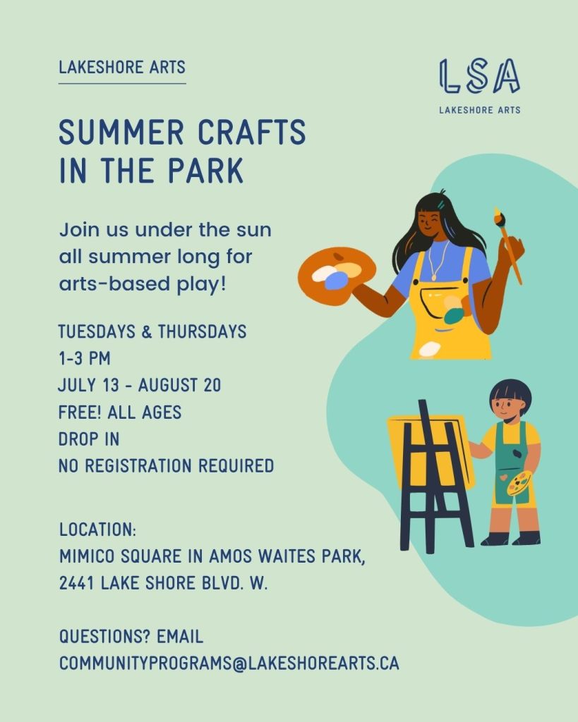 Flyer for summer crafts drop in in the park. contains same information as website post.