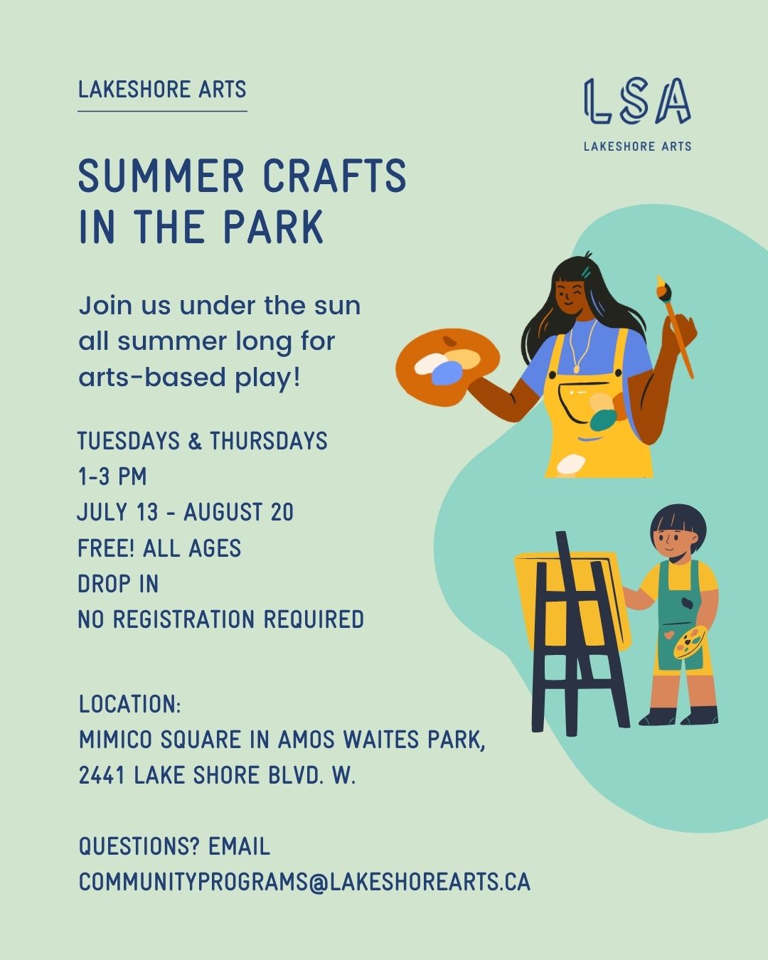 Flyer for summer crafts drop in in the park. contains same information as website post.