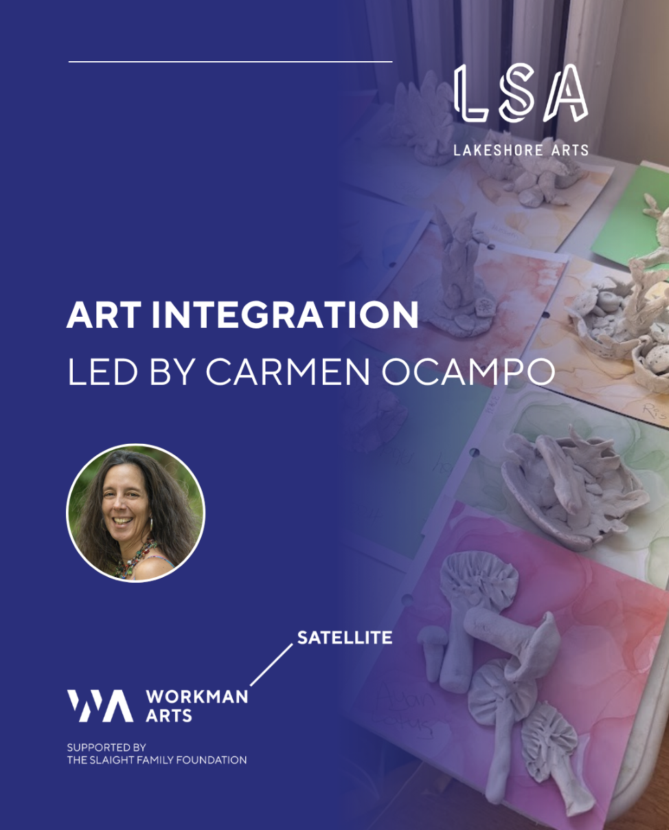 Graphic that reads Art Integration Led by Carmen Ocampo, with a photo of Carmen and image of clay mushrooms