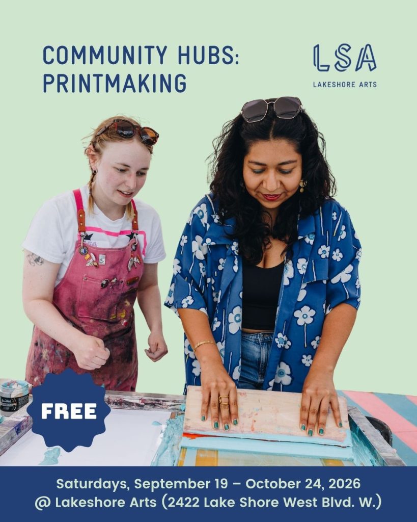 Community Hub: Printmaking graphic. Jennie leads a participant through a screen printing activity.