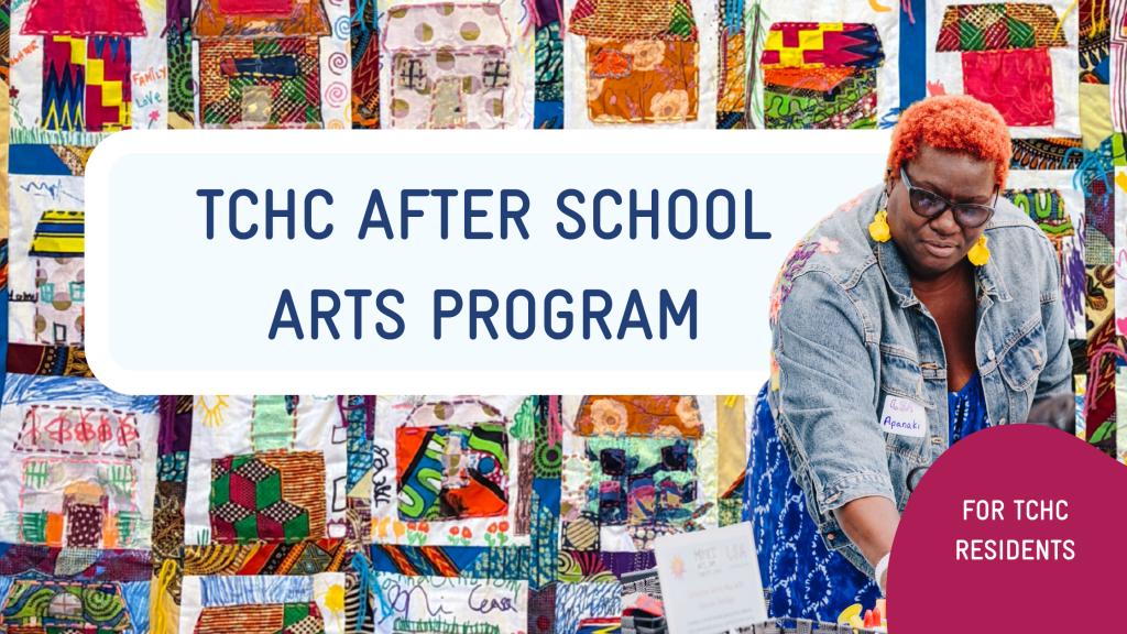 TCHC after school arts program web banner with a photo of Apanaki making art.