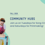 Banner for fall community hubs with a photo of Jennie Davis doing silkscreen printing