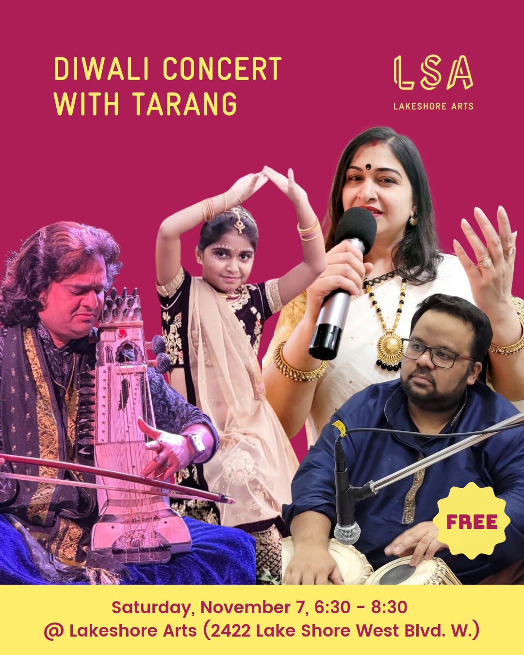 Diwali concert with Tarang, with photos of musicians.