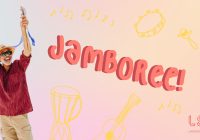Jamboree banner with a picture of Janam and musical instruments